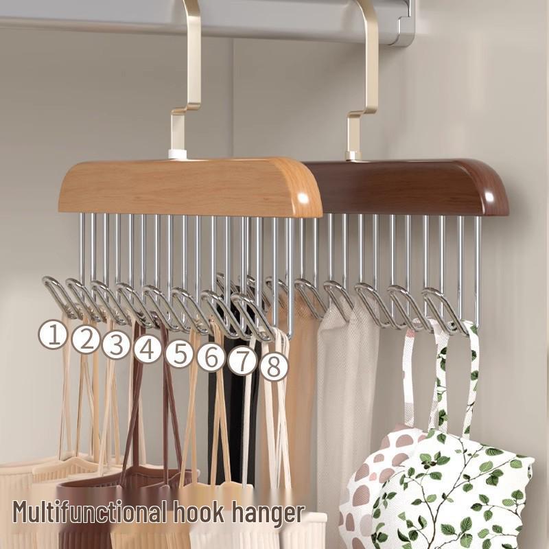 Solid Wood Multifunctional Hanger: 8 Hooks for Camisoles, Bras, Ties, Bags & Drying