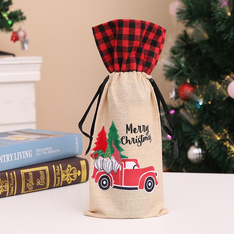 Red Plaid Burlap Wine Bottle Cover - Christmas Cartoon Gift Decoration