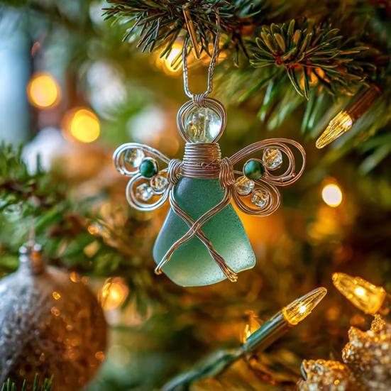 Handmade Sea Glass Angel Ornament Coastal Christmas Sea Glass Art Keepsake Wire-Wrapped Angel Christmas Tree Decoration for Holiday Home Decor