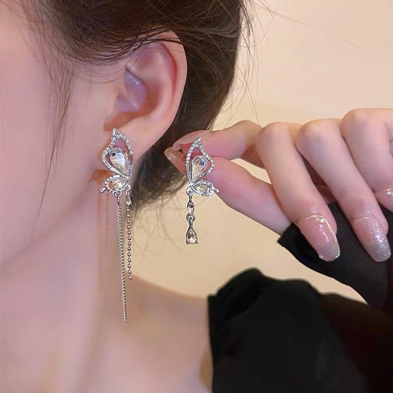 S925 Silver Tassel Butterfly Asymmetrical Earrings - Fresh & Elegant Design for Women