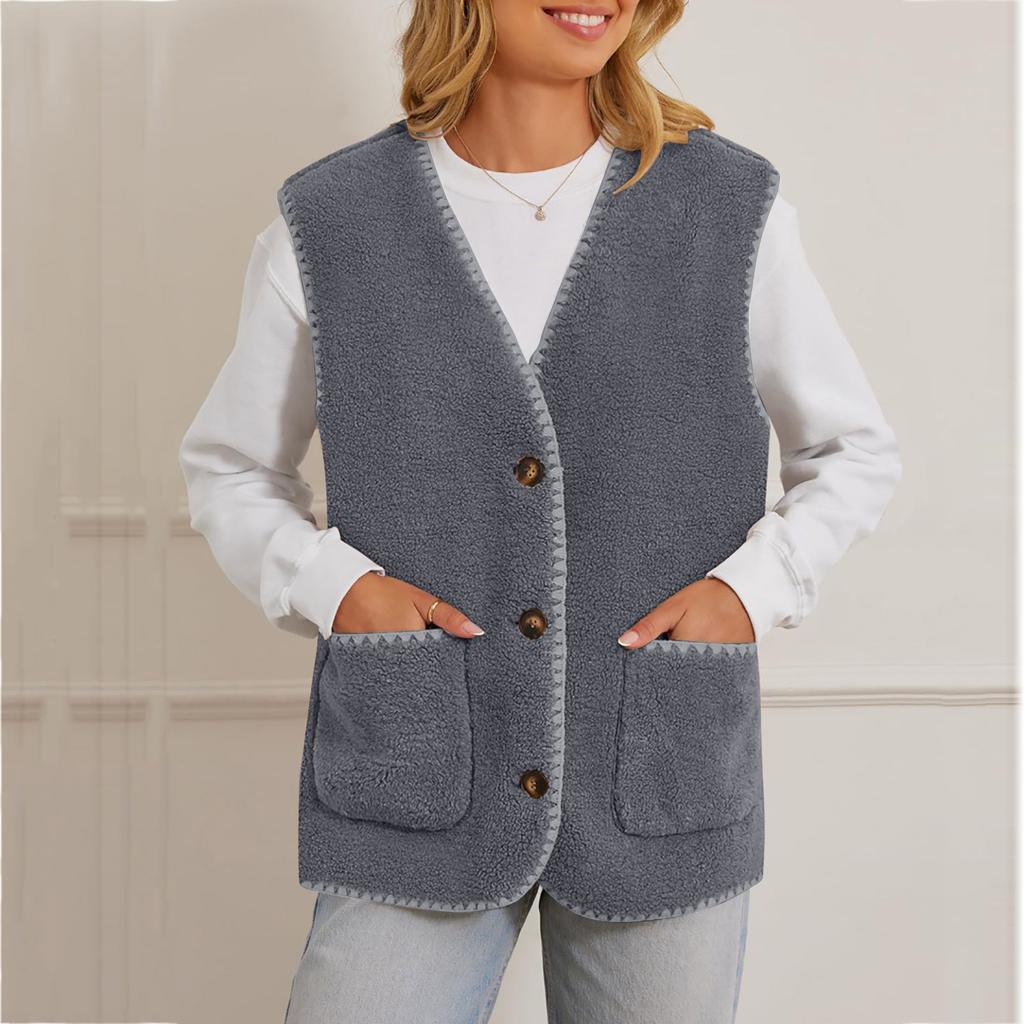 Women's V Neck Sleeveless Vest Loose Fit Casual Sherpa Waistcoat Single Button Fleece Gilet Winter Warm Layering Outerwear