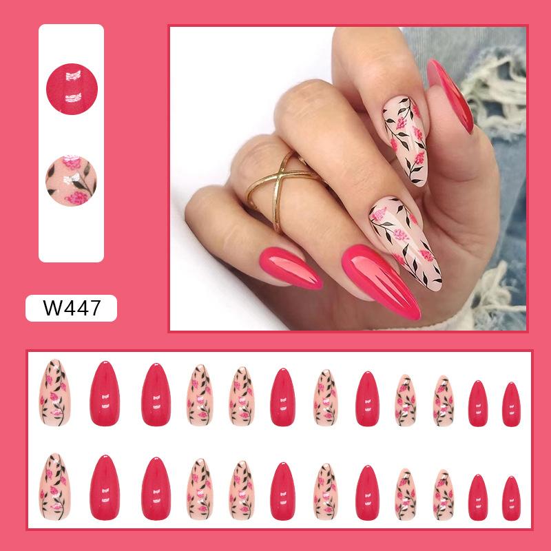 Rose red flower almond nail round head solid color European and American ins style special fashion nail piece