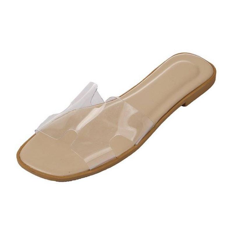 Summer new women's shoes one word fashion Korean version transparent jelly cool slippers flat bottom women's square head slippers women