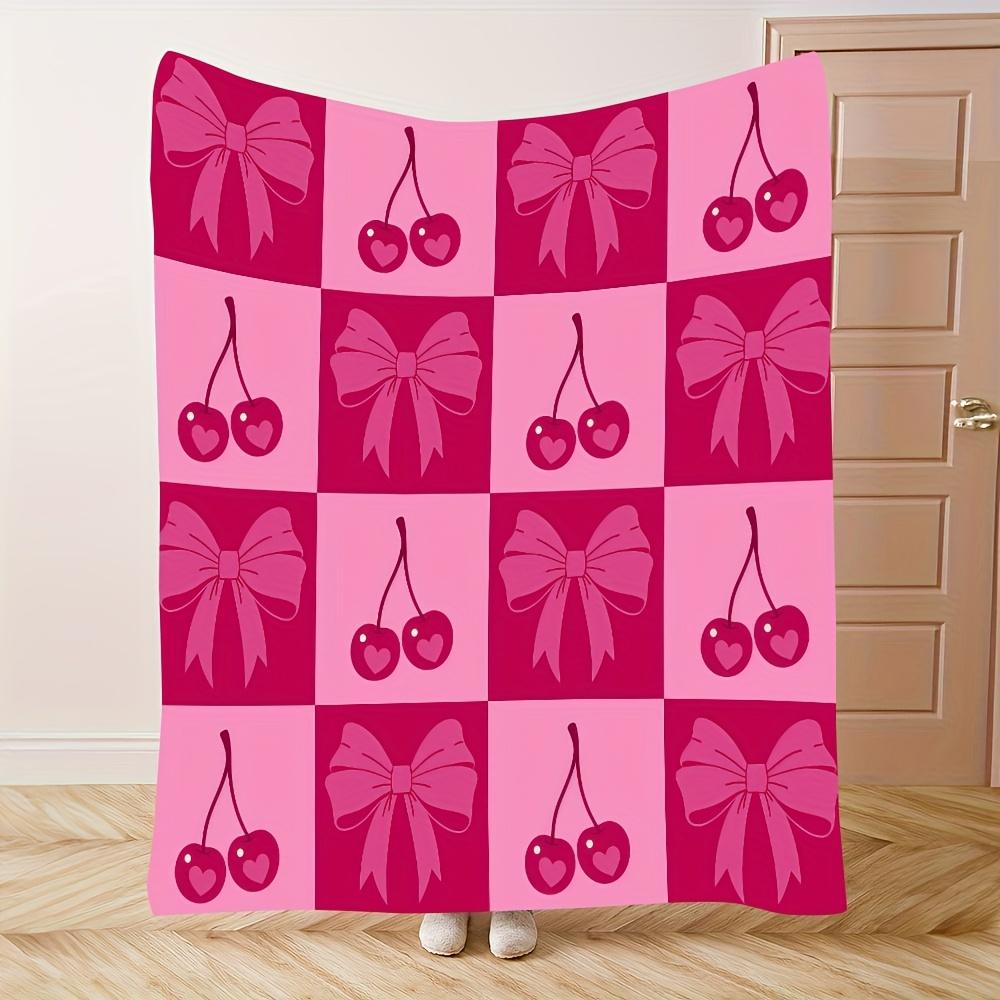 

Pink Cherry Bow Flannel Blanket Soft Warm Washable Cartoon Quilted Home Gift Decor 75x100cm (30x40inch)