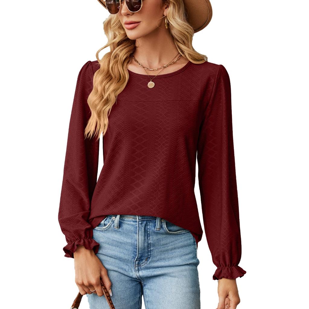 Fall Winter Women's Loose Crew Neck Long Sleeve Patchwork T-shirt Top European American Style Cross-border Casual Wear