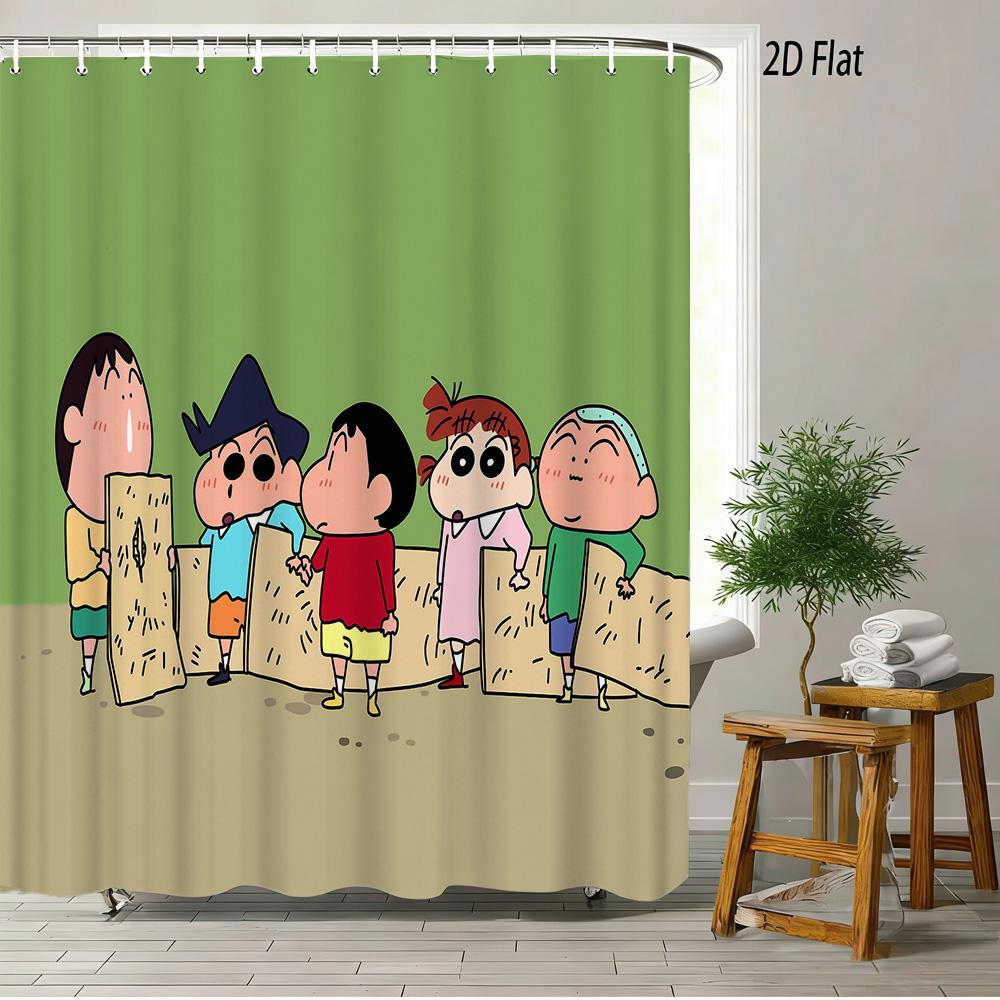 Crayon Shin-Chan Running & Cheering On Mountain Top 2D Print Waterproof Shower Curtain, Minimalist Blue Sky Bathroom Decor With