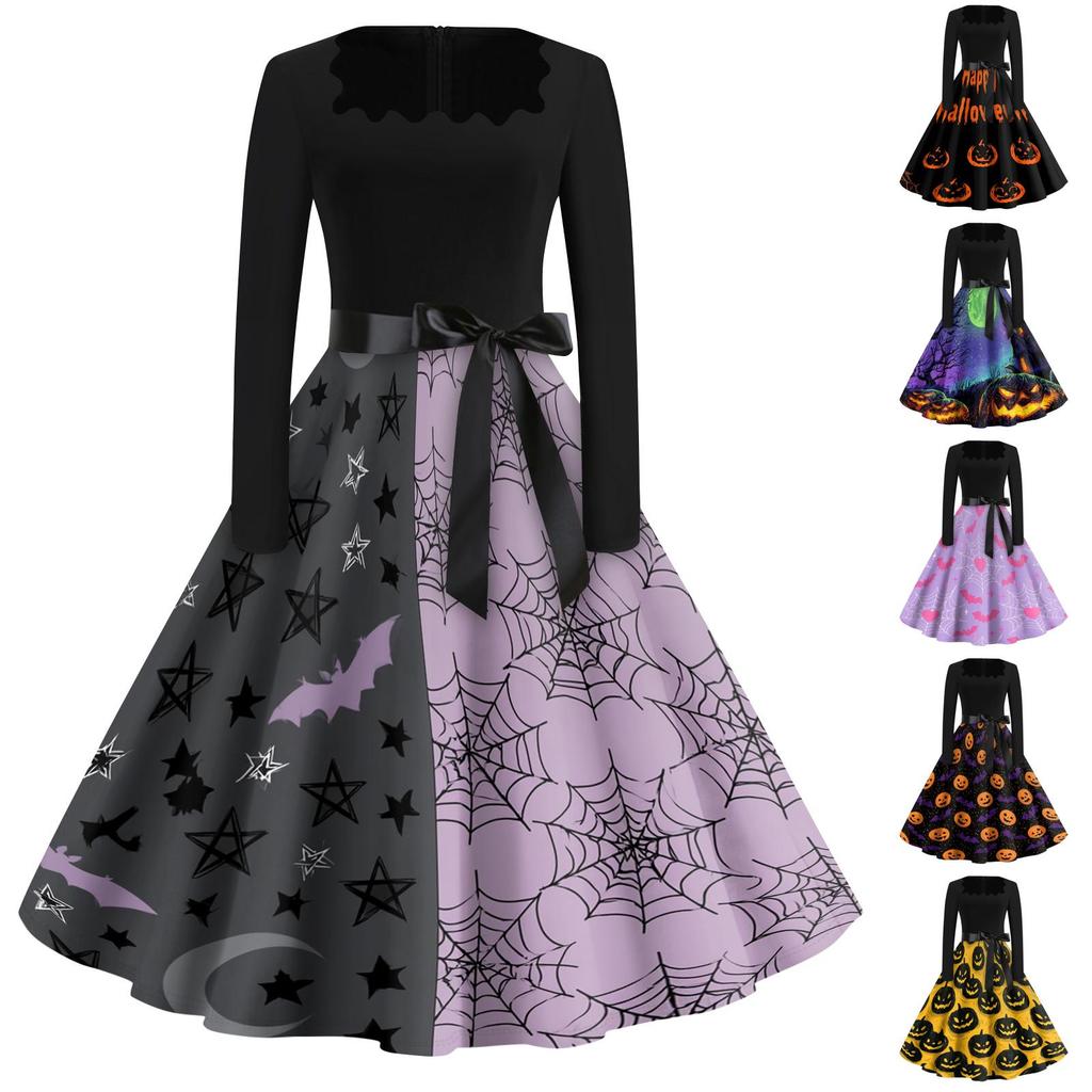 Women's Square Neck Retro Dress with Halloween Print for Casual Parties and Festive Occasions