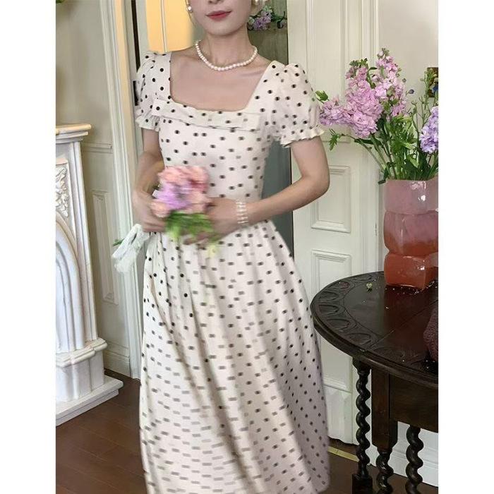 French retro apricot polka dot dress women s print short-sleeved large-size popular summer waist and thin dress S