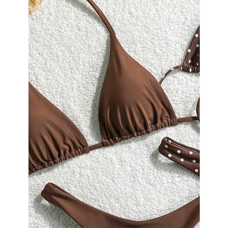 Retro Polka Dot and Solid Color Triangle Bikini Set