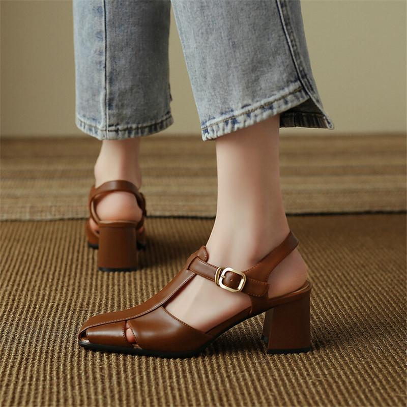 Fashion Split Leather Summer Sandals Square Toe Chunky Heel Sandals for Women High Heels Mary Jane Shoes T-shaped Buckle Ladies Shoes
