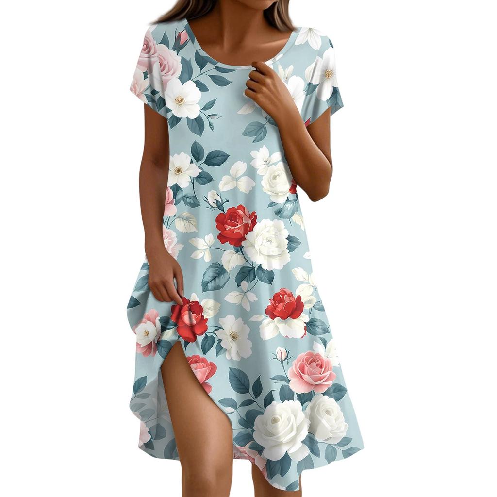 Short Sleeve Boho Dress For Women Casual Loose Fit Sundress Print Round Neck Dress With Pockets