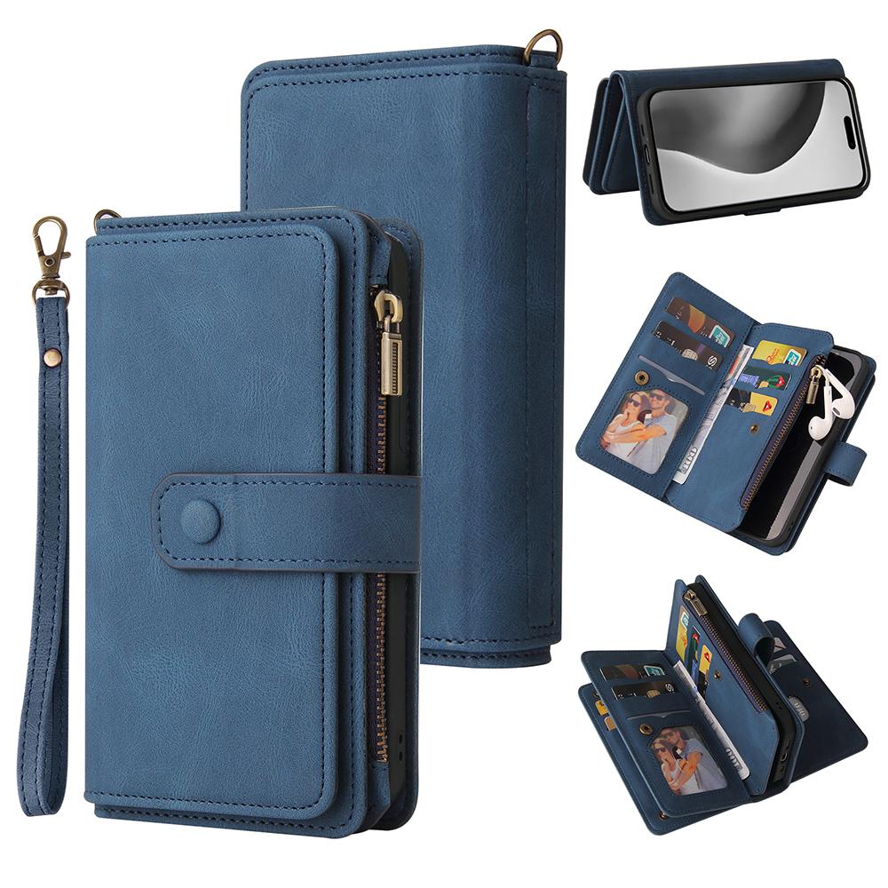 For iPhone 16 Pro Max Zipper Wallet Case with 15 Card Slots and Strap Leather Phone Cover