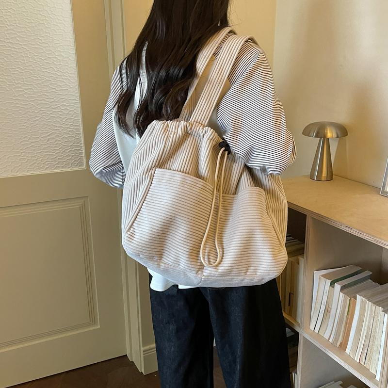 Solid Color Lightweight Corduroy Drawstring Tote Bag Large Capacity Shoulder Tote Bag