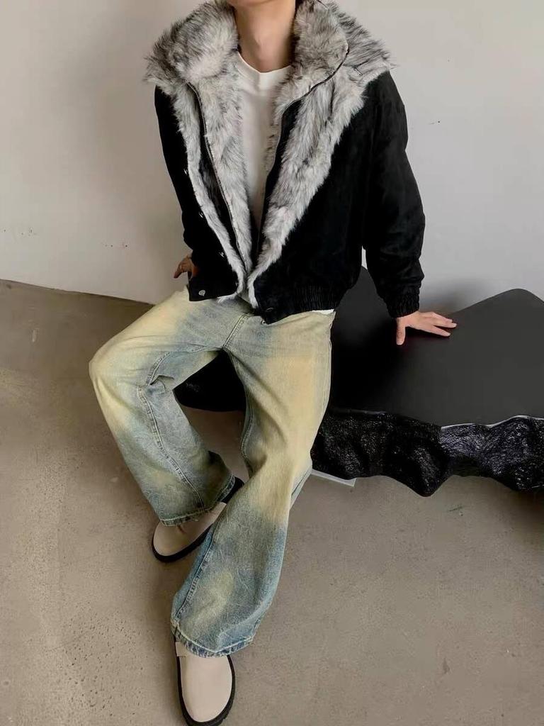 Herren Retro Used Look Bergadler Jacke mit Pelzkragen