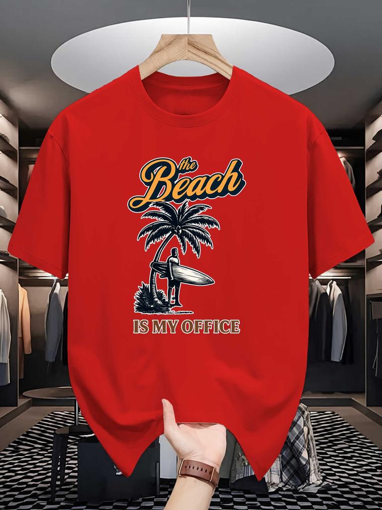 Unisex Crew Neck Tee Beach Surfer Palm Tree Vintage Letter Print Soft Cotton Loose Short Sleeve Summer Casual Male Streetwear Tops