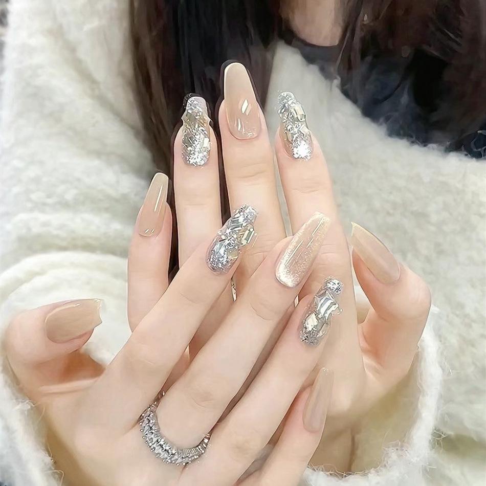 Nude Pink Super Sparkle Cat Eye Press-On Nails - Autumn/Winter High-End Chic Long Artificial Nail Tips MY17 [Glue Version]
