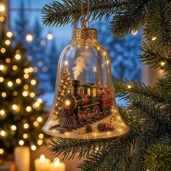 Holiday Home Atmosphere Enhancements 3D Christmas Bell Ornament, Winter Scene Clear Decoration with Santa Immersive Wonderland Ornaments Snowman