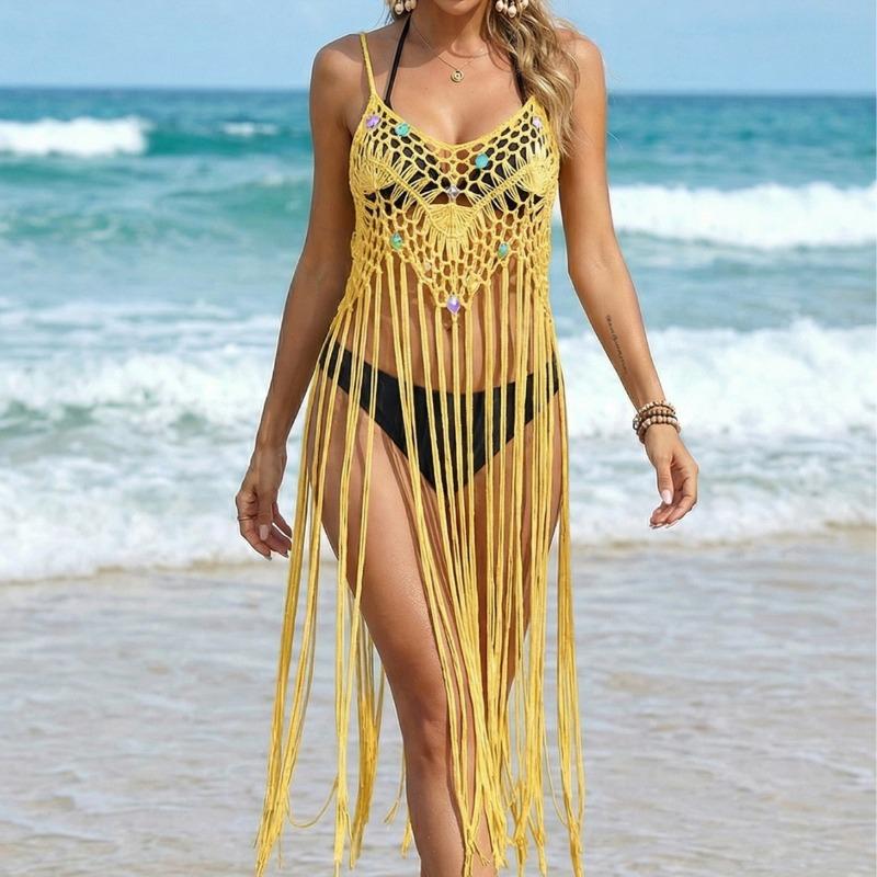 Spring Summer Fringe Crochet Beach Cover Up Women Spaghetti Strap Long Tassel Cover Up