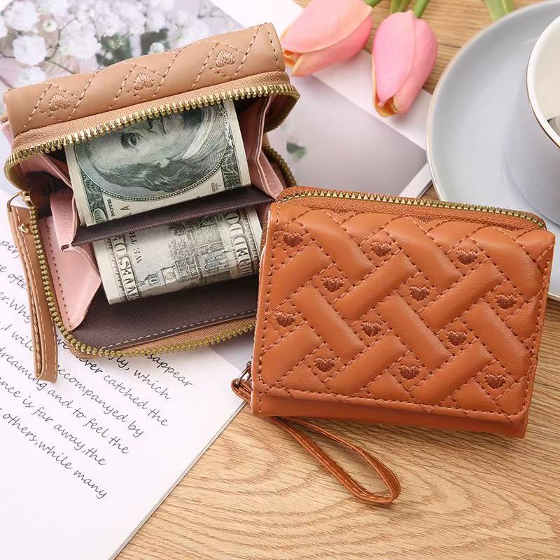 New Korean Version Fashionable Heart-shaped Embroidered Women's Short Zipper Wallet Clutch Bag Solid Color Simple Change Bag Card Bag