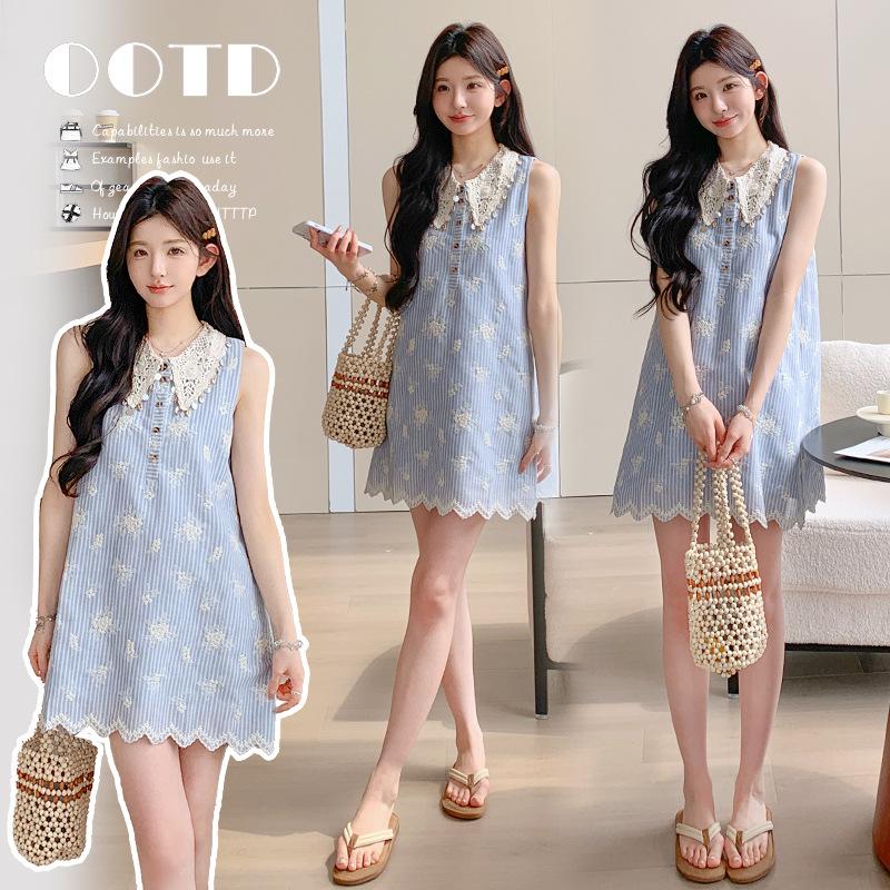 2026 Summer Petite French Style Lace Doll Collar Sleeveless Maternity Dress L