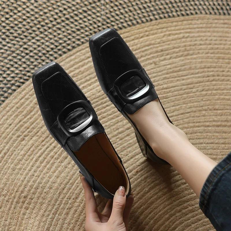 Fashion Chunky Woman Leather Shoes Square Toe Dress Office Loafers Shoes Woman Trend Designer New Elegant Heels Shoes Female Pumps