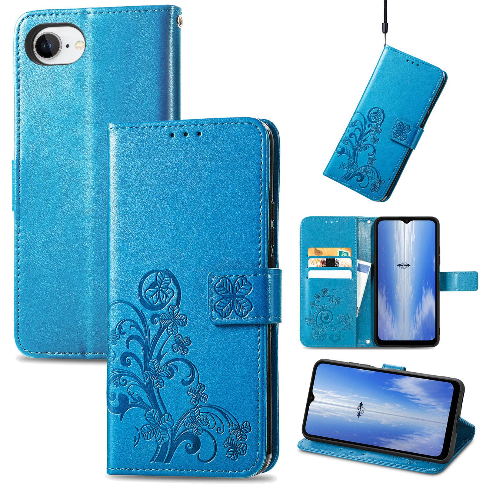 

For iPhone 16e Leather Case Four-Leaf Clover Wallet Phone Cover Blue