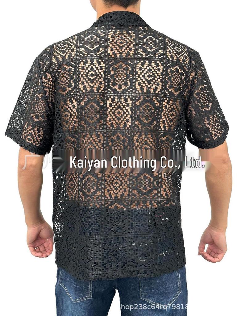 Herren Mesh Aushöhlendes Kurzarm Freizeit Hemd mit Knöpfen - Sommer Durchsichtiges Twist-Design