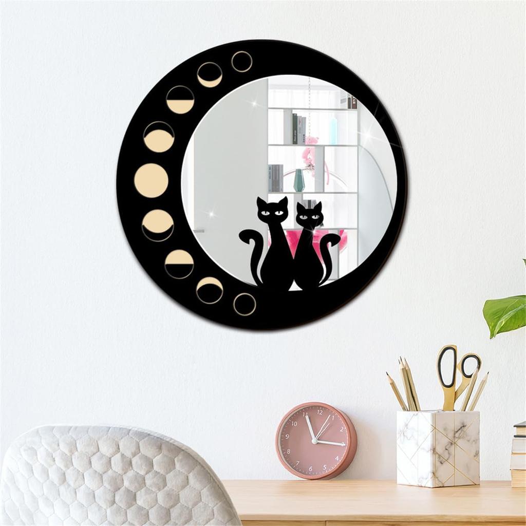 Cat Wood Mirror Wall Decor Art, Cute Cat Wooden Framed Acrylic Mirror Wall Stickers, Boho Black Cats Moon Phase Decorative Mirrors, Wooden Aesthetics