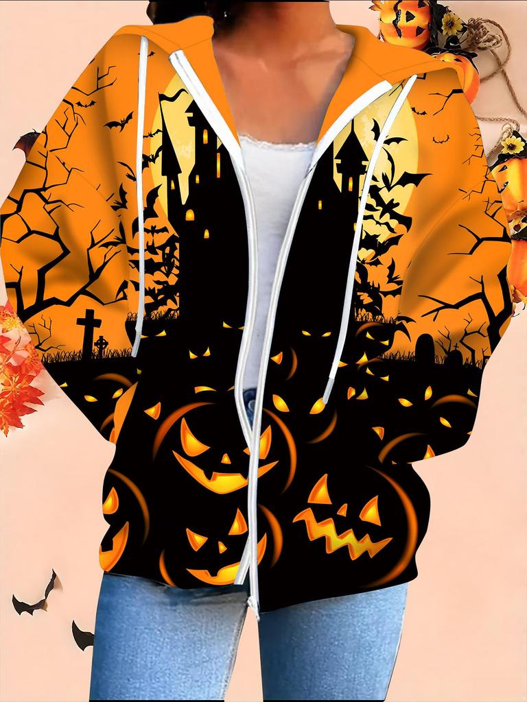 Halloween 3D Printed Hooded Cardigan Plus Size Autumn Winter Retro