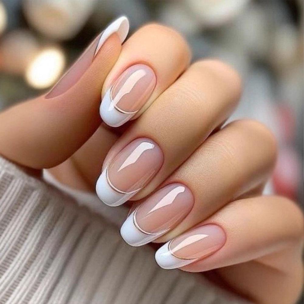 24-Piece Elegant Oval Nails with Gold Trim - European & American Style