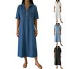 Loose Fit V Neck Denim Look Dress for Women Mid Length Short Sleeve Casual Shirt Dress with Front Pockets and Button Placket