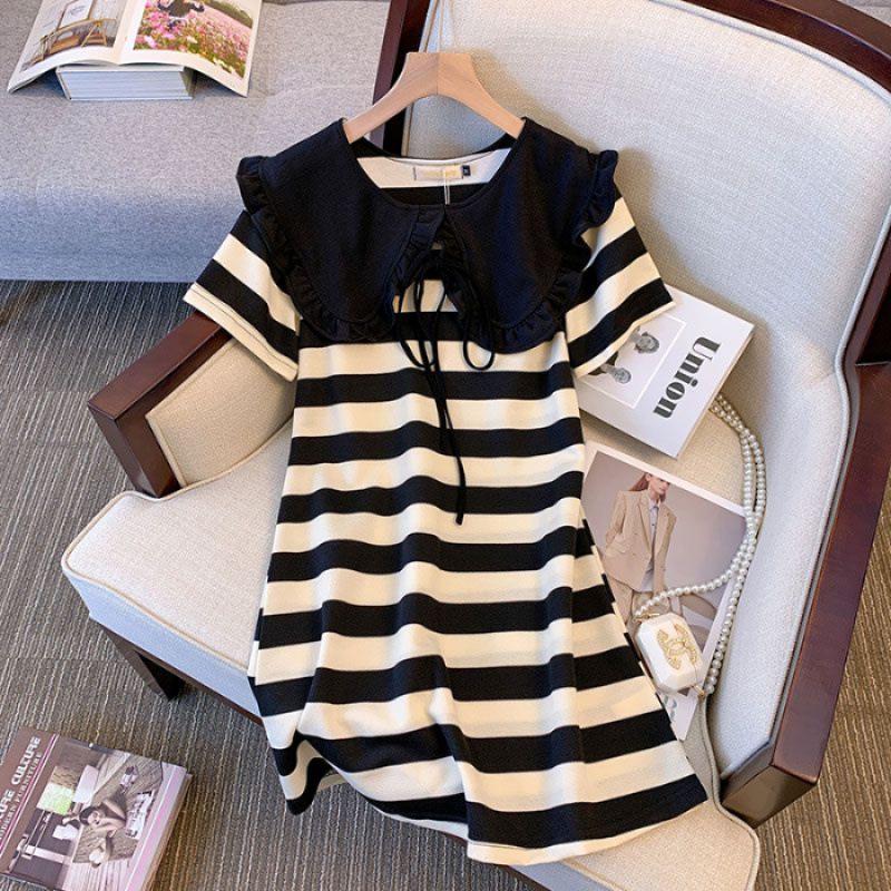 

Plus Size Ruffle Collar Slimming Striped Summer Dress for Age-Reducing Look, Suitable for 200 to 300 jin. XXL (Recommended 160-200 jin)