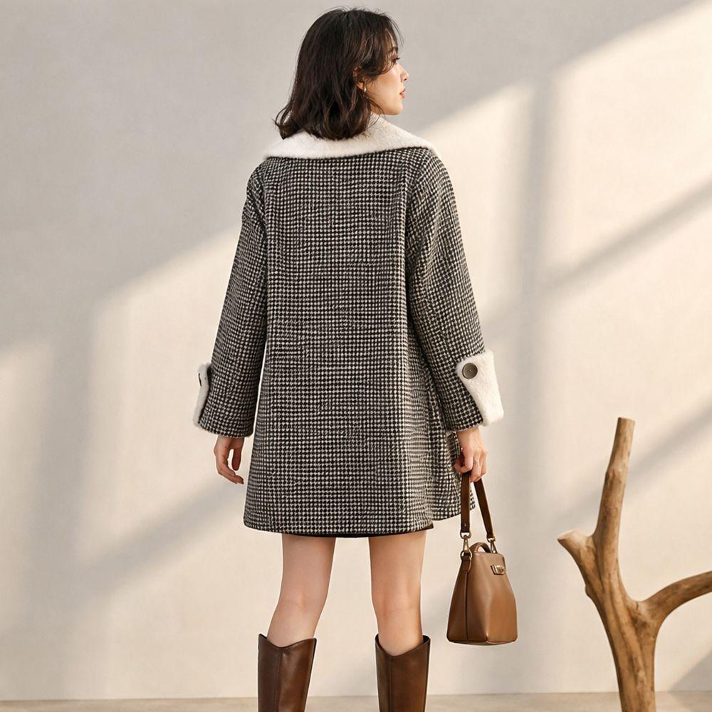 Women's Dark Green Coat for Fall/Winter; Mid-Length, Retro-Style, Loose-Fit, Thick Wool Coat