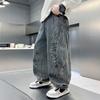 Boys' Spring/Fall Distressed Denim Pants with Letter Print, Loose-Fit Long Pants, Kids' Casual Pants