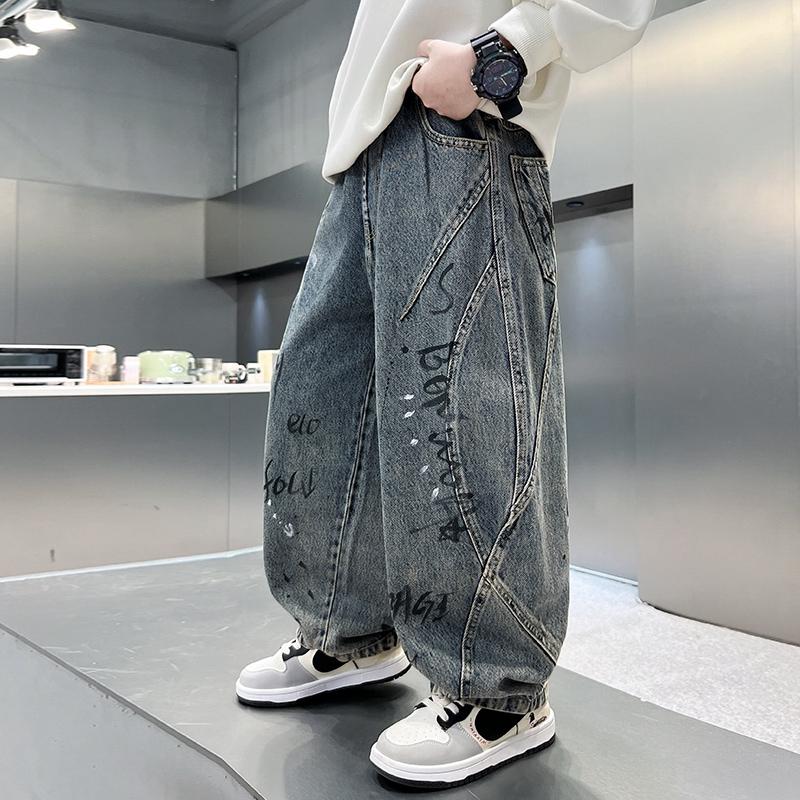 Boys Spring/Fall Distressed Denim Pants with Letter Print, Loose-Fit Long Pants, Kids Casual Pants 120