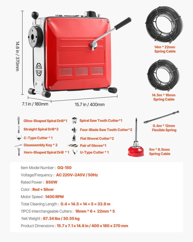 Drain Cleaner Machine, 850W Electric Pipe Drain Cleaning Machine Sewer Snake with 14.5m x 16mm, 14m x 22mm, 5m x 9.5mm, 0.4m x 12mm Steel Spring Cable