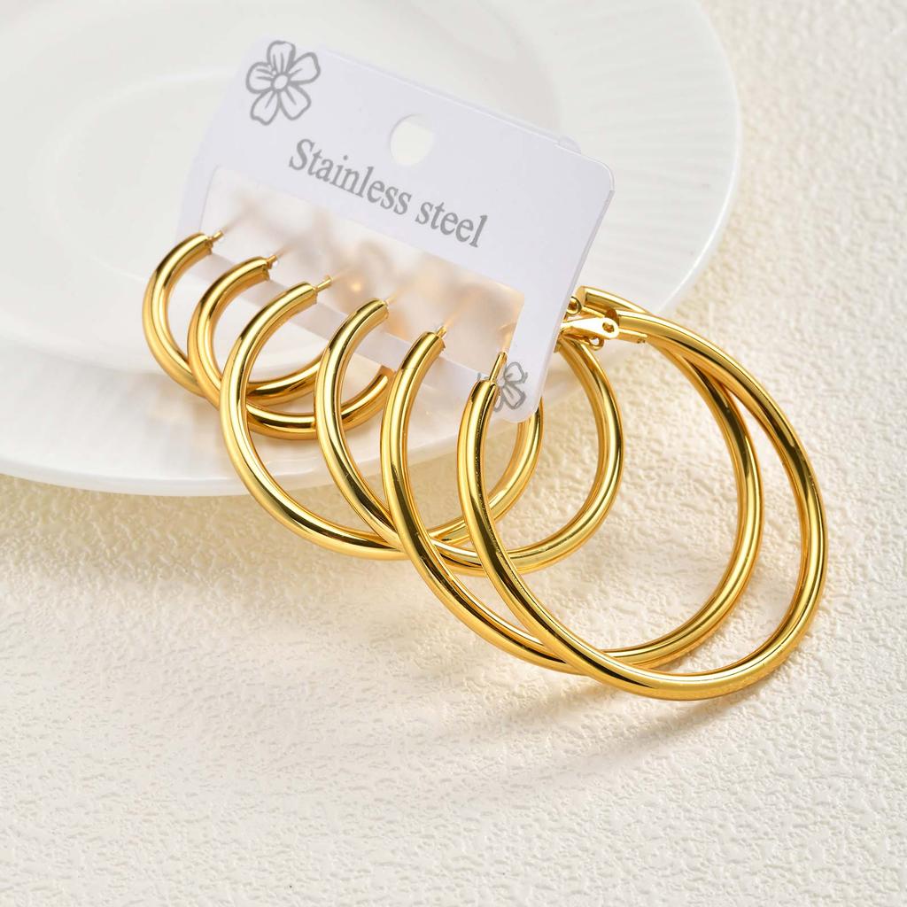3pic Set Stainless Steel Round Earrings for Women Girls,Gold Color Waterproof Hoop Earrings,Minimalist Jewelry Gift