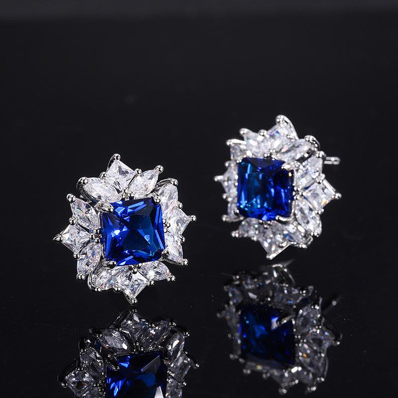 Internet Celebrity Small Fresh Color Treasure Earrings Imitation Color Treasure Square Earrings Low Luxury Diamond Sapphire Earrings Main Stone 8 * 8