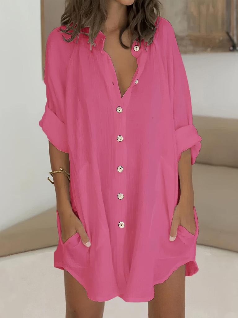 Cotton & Linen Row Button Plus Size Women's Mid-Length Short-Sleeve Loose Shirt