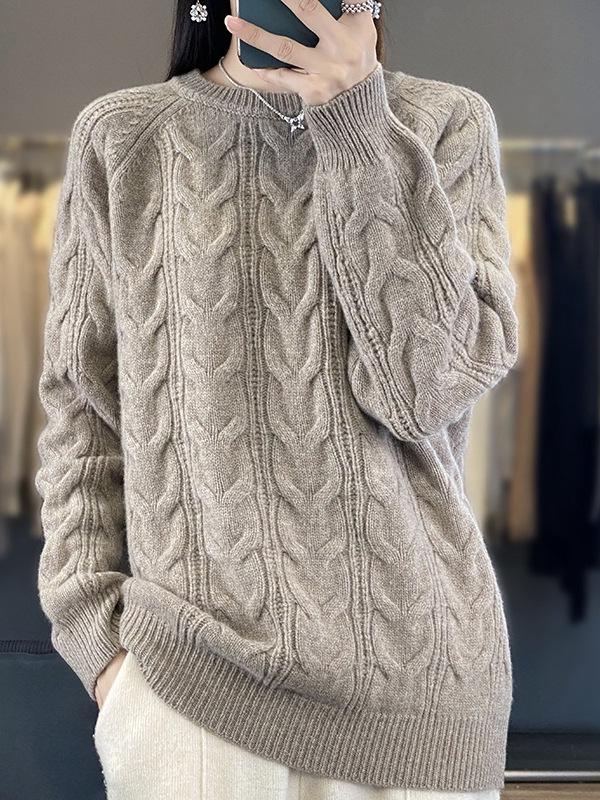 Women's Twisted Cable Knit Wool Sweater - Round Neck, Slim & Loose Fit, Autumn/Winter Pullover