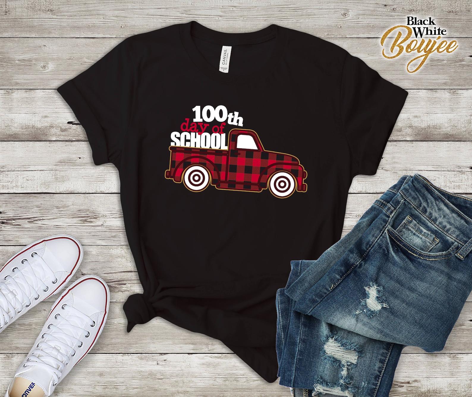 100th Day Truck Buffalo Plaid T-Shirt, Teachers 100 Days Of School Gift, Cute Teacher Outfit 100th Day of School Tee 4XL