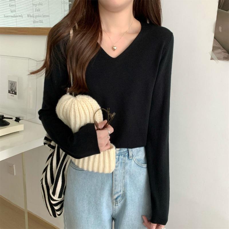 Autumn Winter V-neck Solid Color Simple All-match Bottomed Knitting Top Women Long Sleeve Casual Pullover Sweater