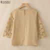 ZANZEA Women Summer Round Neck 3/4 Sleeve Casual Patchwork Lace Crochet Blouse