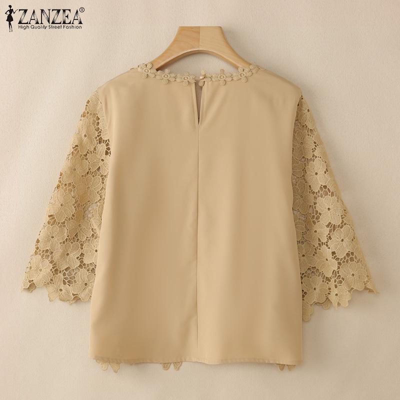 ZANZEA Women Summer Round Neck 3/4 Sleeve Casual Patchwork Lace Crochet Blouse