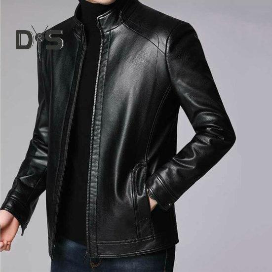 Chaqueta de Hombre Piel Sintética Color Sólido Cuello Alto Suave Grueso Cálido Manga Larga Cremallera Protección del Cuello Motocicleta A Prueba de Viento Chaqueta Fresca Otoño Invierno