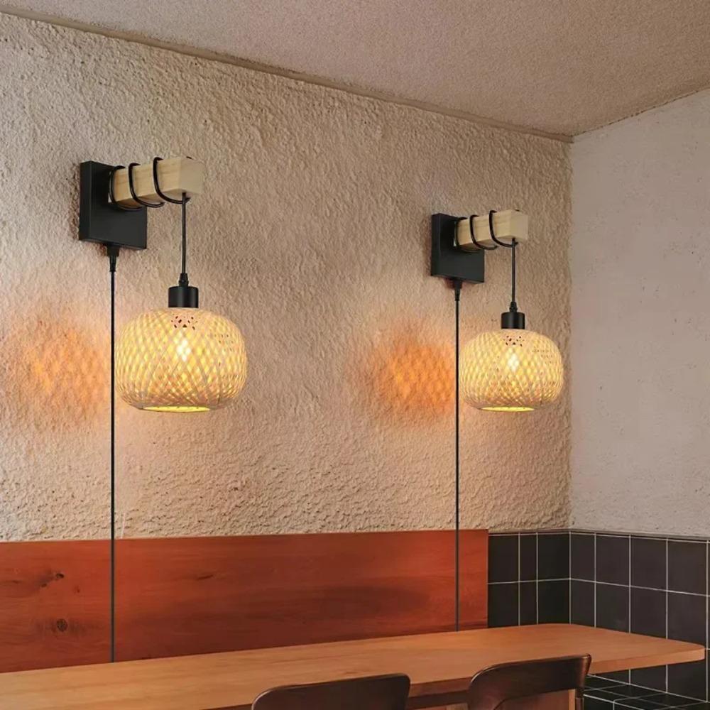 Plug In Wall Sconce, Handmade Rattan Bamboo Night Light, Elegant Wooden Bedroom Lamp, Boho Farmhouse Plug-in Lighting