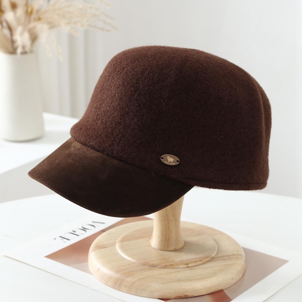 New autumn and winter woolen metal small standard cap women's retro splicing newsboy hat British style face small thermal hat