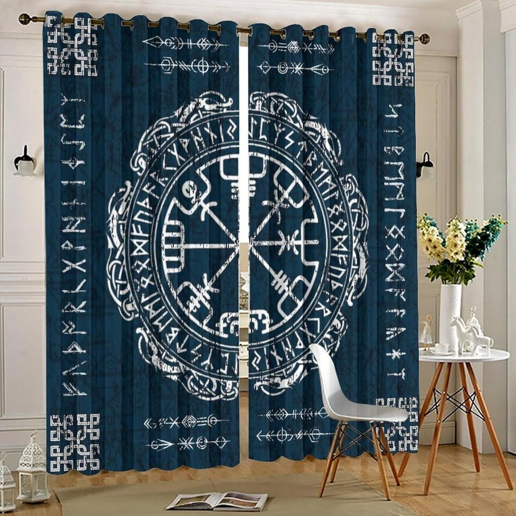 Retro Ancient Vikings Blackout Curtain Rustic Norse Mythology Mystical Symbol Print Grommet Window Insulated NoiseDrapes Decor for Bedroom Living
