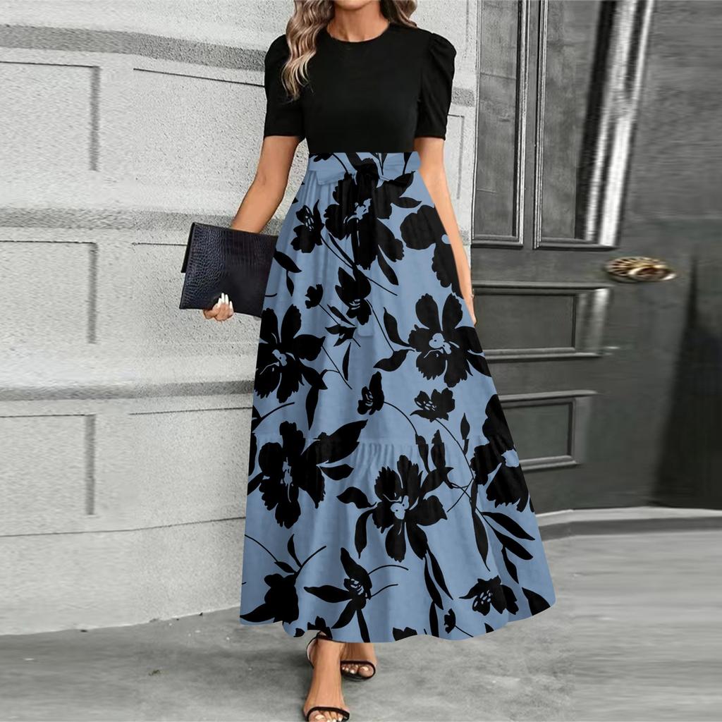 Women's Fashionable Casual Belt Short Sleeved Round Neck Print Elegant Temperament Dress