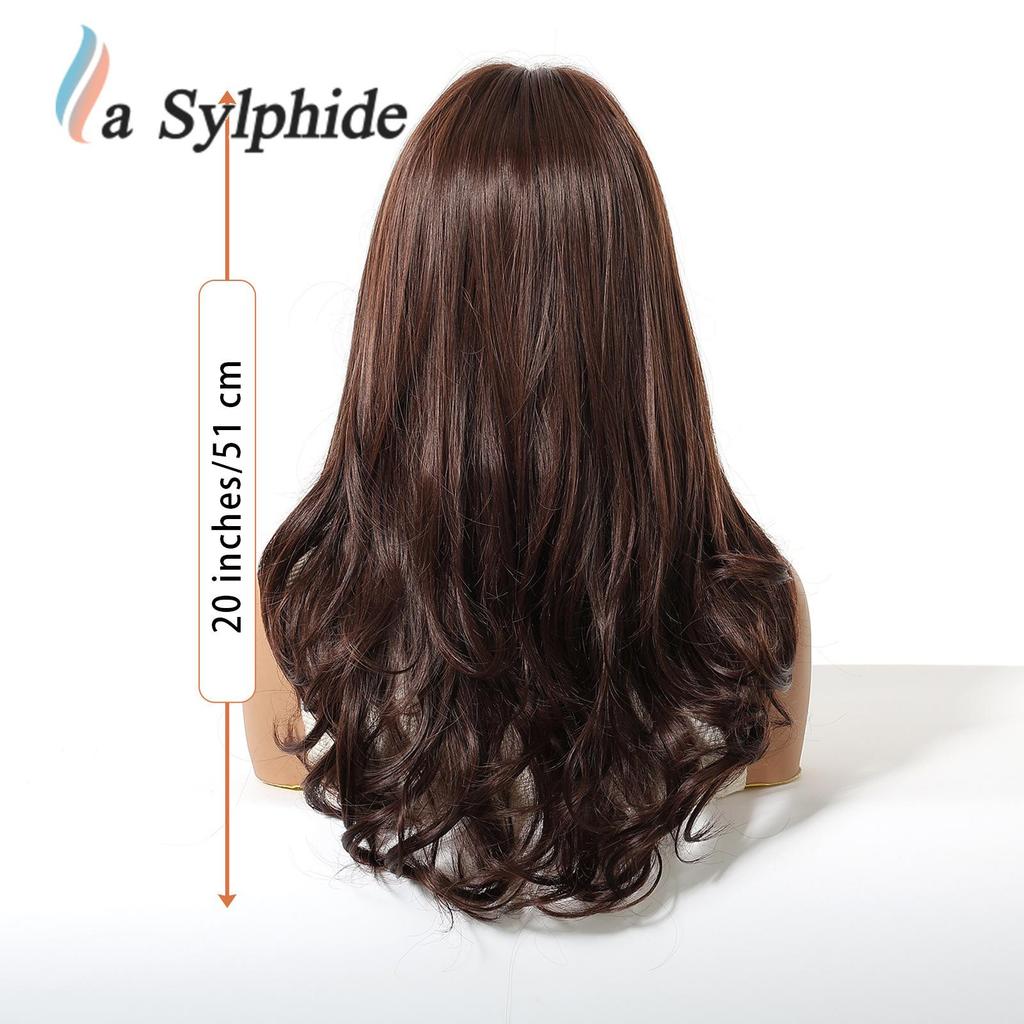 Perruque Marron Foncé pour Femme avec Frange Aérienne - Soie Haute Température, Finition Naturelle Lisse, Filet Rose